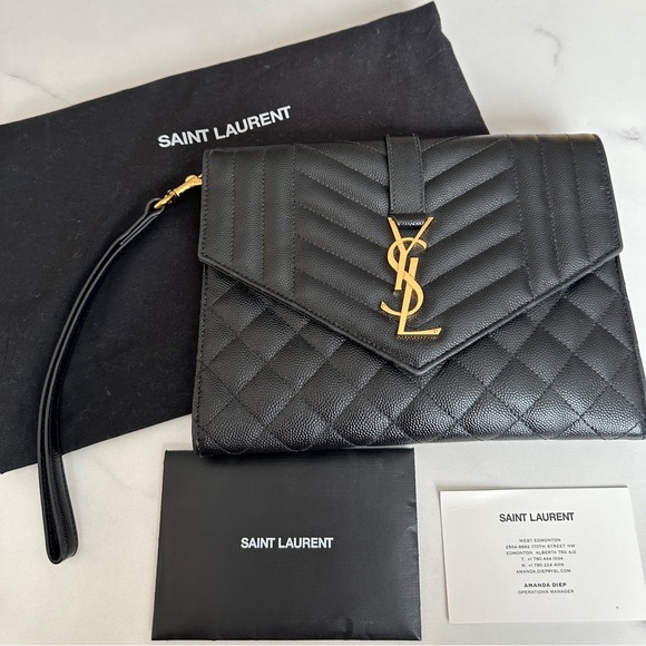 SOLD- Authentic Envelope Flap YSL Clutch Bag in Grained Leather. Black & gold. - Picture 1 of 7